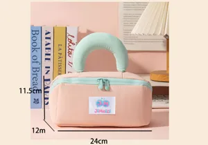Portable marshmallow soft cosmetic bag with handle showing dimensions 24x12x11.5cm