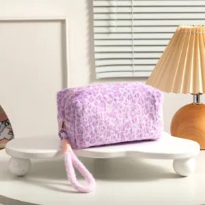 Neceser de peluche con estampado de leopardo morado, gran capacidad y correa de mano chic