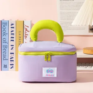 Portable purple and green waterproof cosmetic bag with a comfortable large handle.