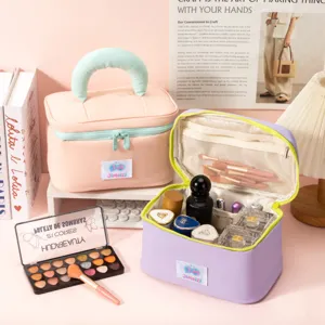 Interior detail of large capacity waterproof cosmetic bag with makeup organizer items