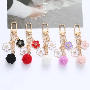 Japanese Style Cherry Blossom Pom Pom Keychain For Women Cute Flower Enamel Bag Charm Phone Case Pendant Zinc Alloy Accessory