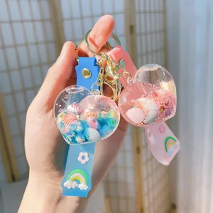 Creative Heart Quicksand Liquid Keychain Fashion Bag Charm Cute Shell Pattern Keyring Gift For Couples And Friends