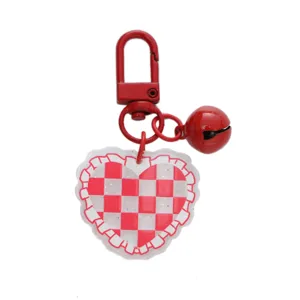 Cute red bell heart keychain with checkered acrylic pendant for bags and keys.