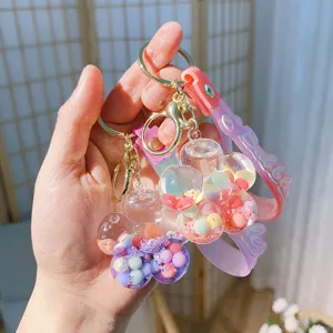 Cute Plum Blossom Liquid Quicksand Keychain Clear Acrylic Floating Key Ring Schoolbag Charm Pendant For Girls Kids Gift