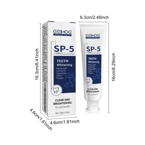 EELHOE SP-5 teeth whitening toothpaste detail view showing box, tube and product size dimensions.