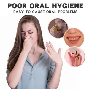Bannière d'hygiène bucco-dentaire soulignant la mauvaise haleine et les caries.