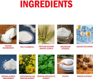 Infographie détaillée des ingrédients montrant les composants actifs de la poudre dentifrice.