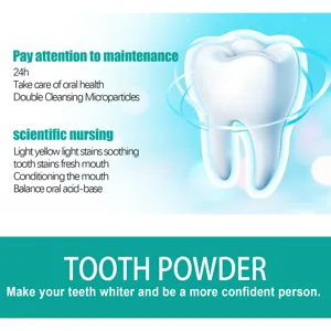 Poudre blanchissante pour les dents image de détail avec graphique 3D pour soins bucco-dentaires.