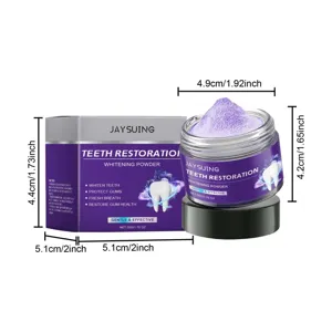 Vue détaillée du pot et de la boîte de poudre blanchissante violette JAYSUING avec mesures.