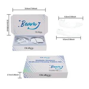 Vue détaillée et dimensions du kit de prothèses dentaires moulables et de pastilles Oralhoe.
