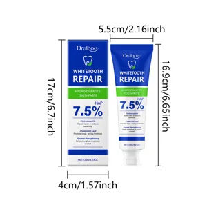 Vue détaillée du tube et de la boîte de dentifrice blanchissant Oralhoe avec dimensions.