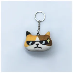 Llavero creativo de peluche con cabeza de gato tricolor y gafas de sol en 3D