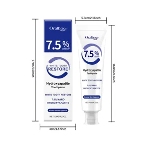 Detail view of Oralhoe 7.5% nHAP hydroxyapatite toothpaste tube and box with size guides.