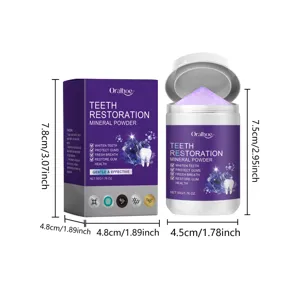Detail view of Oralhoe purple teeth restoration mineral powder jar and packaging box with specs.
