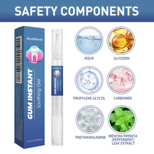 Décomposition détaillée des ingrédients du gel apaisant pour gencives avec composants actifs.