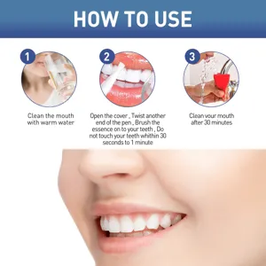 Guide étape par étape montrant comment appliquer le gel blanchissant et nettoyer la bouche.