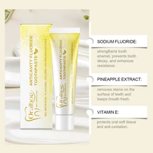 Oralhoe pineapple flavored whitening toothpaste detail featuring active fluoride and vitamin extracts.