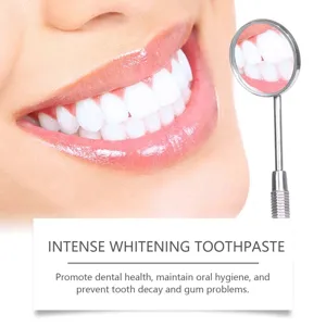 Detail view showing bright white smile and dental mirror with intense whitening toothpaste text.