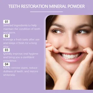 Close-up detail of teeth restoration mineral powder showcasing whitening and clean effect.