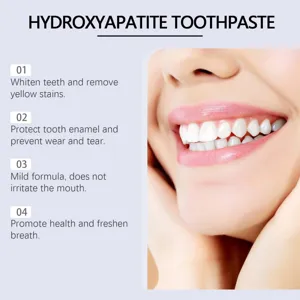 Hydroxyapatite toothpaste detail image showcasing teeth whitening and enamel protection benefits.