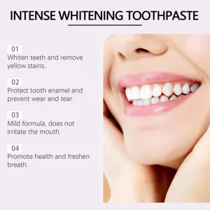 Detail view of intense whitening toothpaste highlighting key benefits and bright smile.