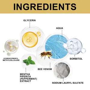 Infographie détaillée des ingrédients actifs du dentifrice comme le venin d'abeille et la menthe.