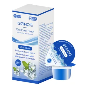 Detailed view of the whitening mouthwash pod and box packaging, offering fresh breath.