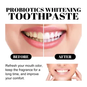 Probiotika Zahncreme Detailansicht mit Vorher Nachher Effekt für weisse Zähne und Frische.