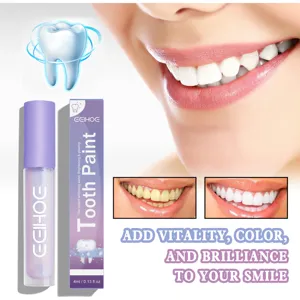 Teeth whitening pen detail view highlighting brush applicator, package box, and clean smile.