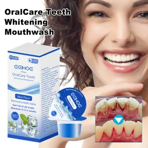 Detail view of EELHOE whitening mouthwash with mint flavor and portable pods for fresh breath.