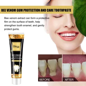 Vue détaillée du dentifrice de protection des gencives au venin d'abeille et blanchissant.