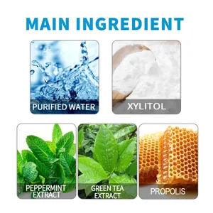 Vue détaillée des principaux ingrédients comme eau purifiée, xylitol, menthe, thé et propolis.