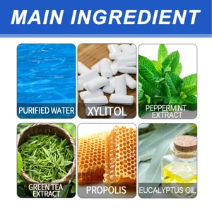 Detailed view showing the main natural ingredients including purified water, xylitol, and mint.