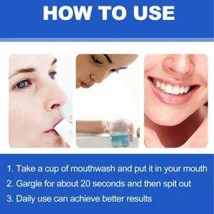 Mouthwash usage guide detail showing step-by-step instructions for cleaning and fresh breath.