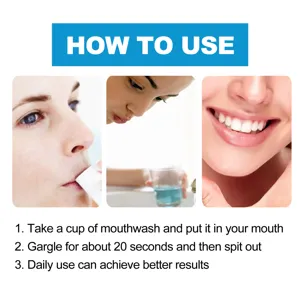 Vue détaillée montrant les étapes d'utilisation du bain de bouche pour une hygiène fraîche.