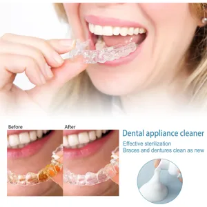 Mousse nettoyante pour appareils dentaires aligneurs transparents gouttières et prothèses soins.