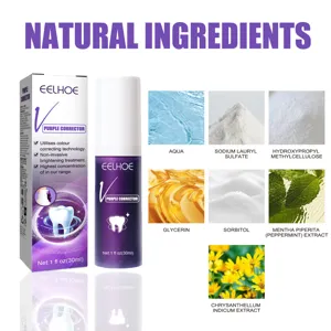 Détail de dentifrice correcteur de dents violet EELHOE avec des ingrédients naturels.