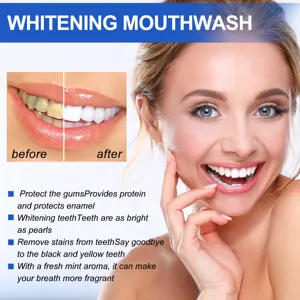 Whitening mouthwash detail showing teeth before and after results, fresh mint breath care.