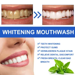 Whitening mouthwash detail showing teeth whitening effect, gum protection and fresh breath care.