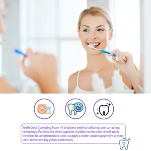 Détail de mousse correctrice de couleur montrant le blanchiment dentaire avec femme qui se brosse.