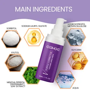 Vue detaillee des ingredients du serum correcteur de dents violet aux extraits naturels.