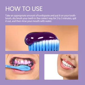 Graphique d'instruction détaillé montrant l'application du dentifrice violet et des étapes.
