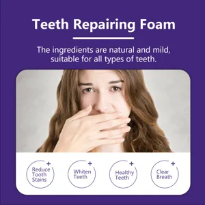 Teeth repairing foam detail showing natural ingredients and whitening effect for oral care.