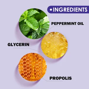 Detail view of mouthwash key ingredients featuring peppermint oil, glycerin and propolis.