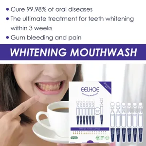 EELHOE whitening mouthwash detail showing portable 6pcs vials and teeth shade guide card.