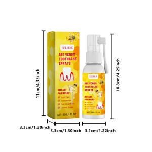 Vue détaillée montrant les dimensions du flacon et de la boîte de spray venin d'abeille EELHOE.