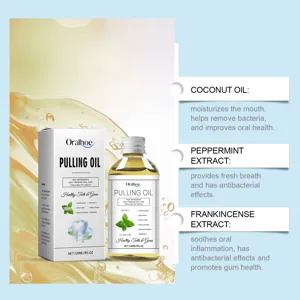 Detail view of Oralhoe coconut oil pulling bottle and box for fresh daily oral care.