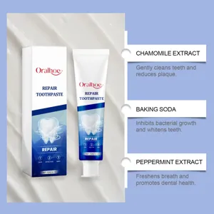 Détail du dentifrice réparateur Oralhoe avec extrait de camomille et menthe fraîche.