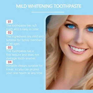 Vue détaillée des caractéristiques du dentifrice blanchissant avec mousse et ingrédients.