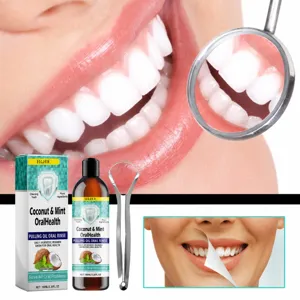 Eelhoe coconut and mint pulling oil oral rinse for teeth cleaning and whitening care.